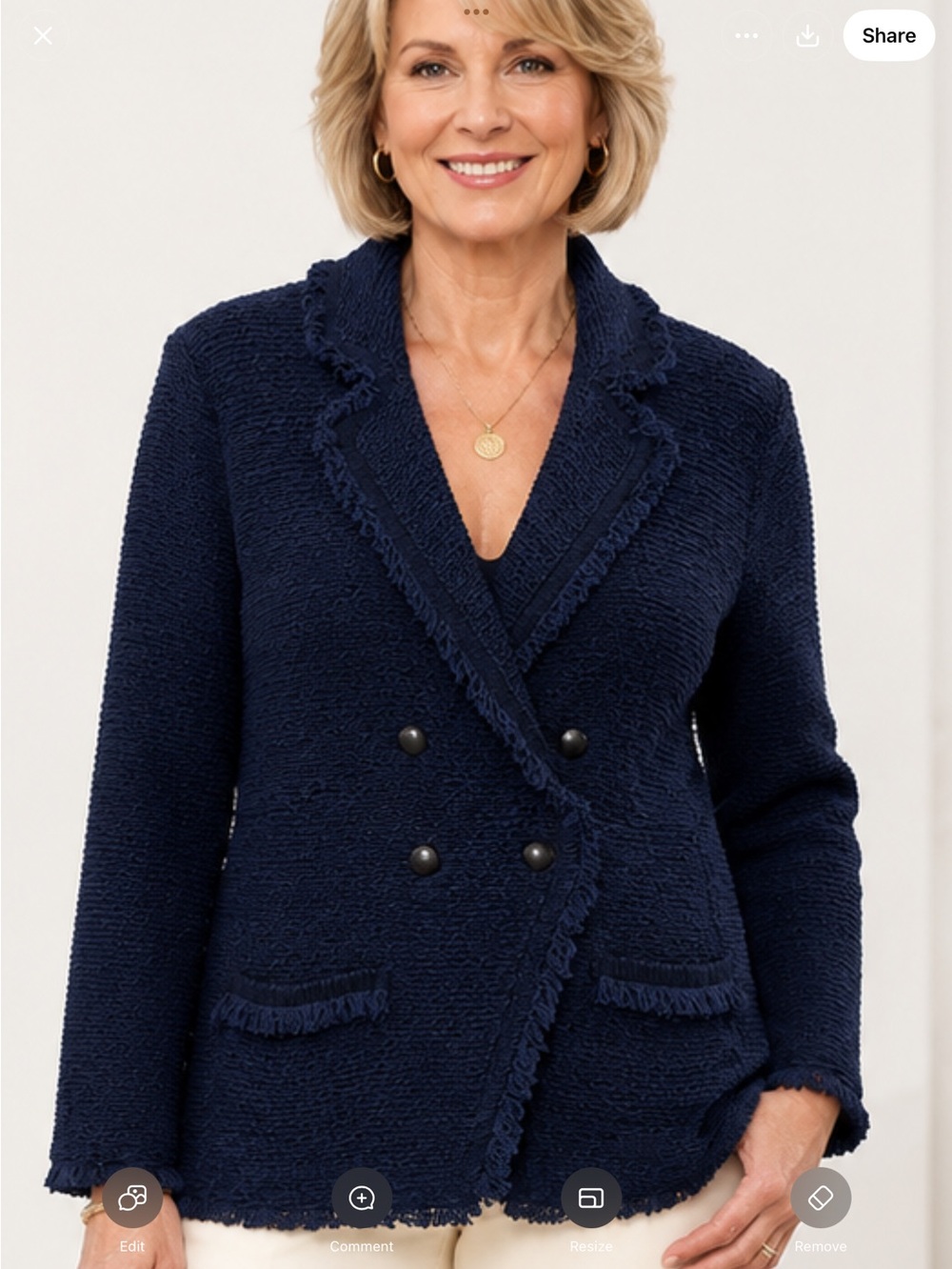 Chico's Navy Bouclé Double-Breasted sweater blazer with fringe Navy size 16